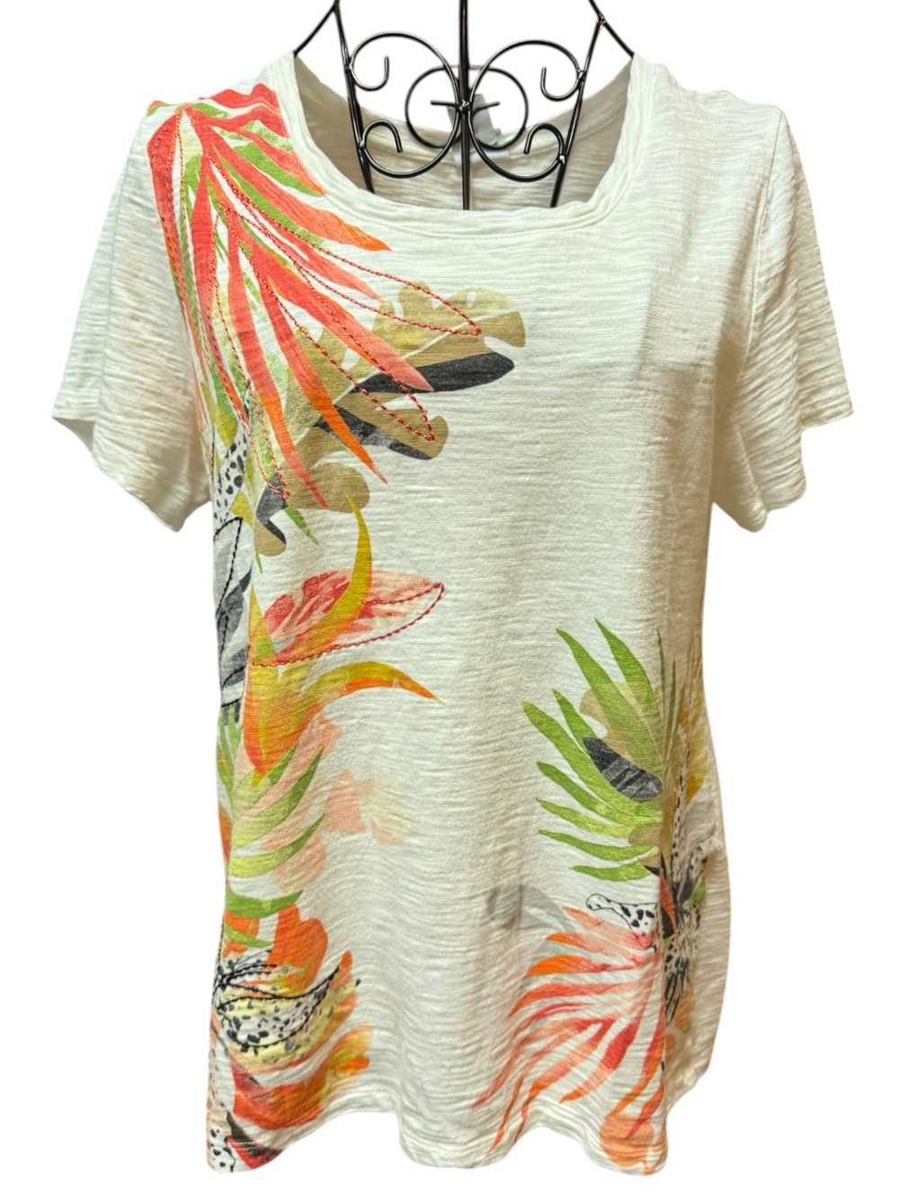 Chico's Cream Short Sleeve Tropical Print Tee with Pink & Green Accents casual